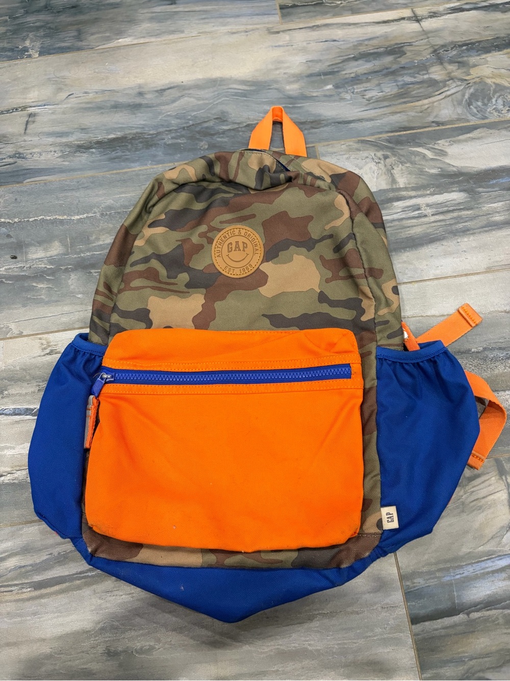 GAP Camo Backpack with Orange Front Pocket and Blue Accents